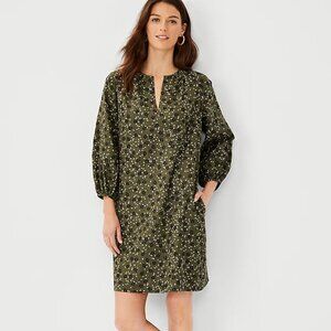 NWT ANN TAYLOR | Linen Blend Green Floral Pocket Shift Dress Petite